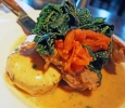 Brick Roasted Chicken w/Black Pepper Biscuits, Stewed Kale and Tomatoes, Garlic jus